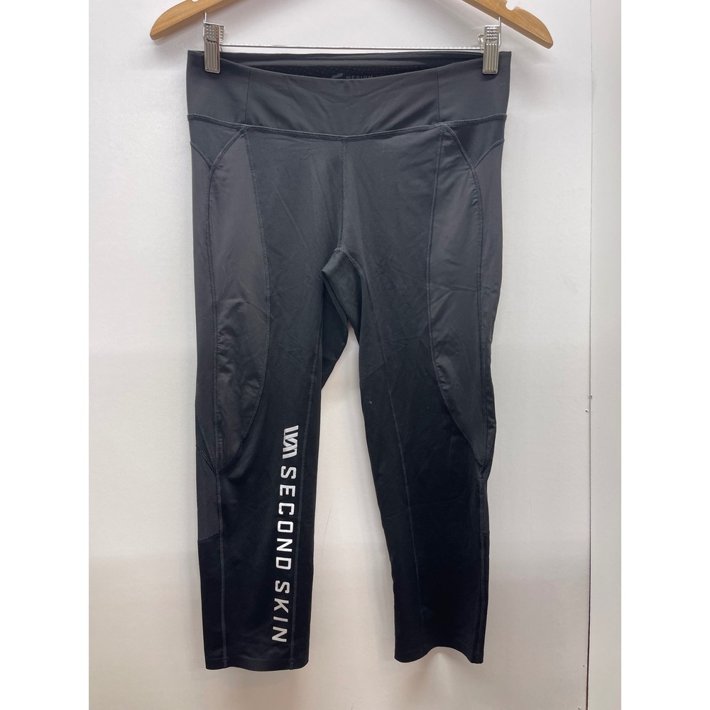 Second Skin Womens Compression Leggings Black Mesh Panel Cropped Athletic Pants